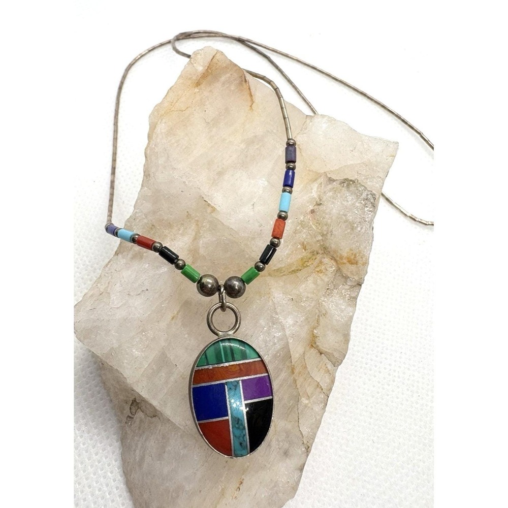 Southwestern Sterling Silver Stone Inlay Pendant Necklace Turquoise Lapis 16''